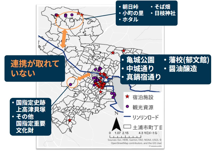 土浦市内の観光資源と宿泊施設、リンリンロードとの立地関係