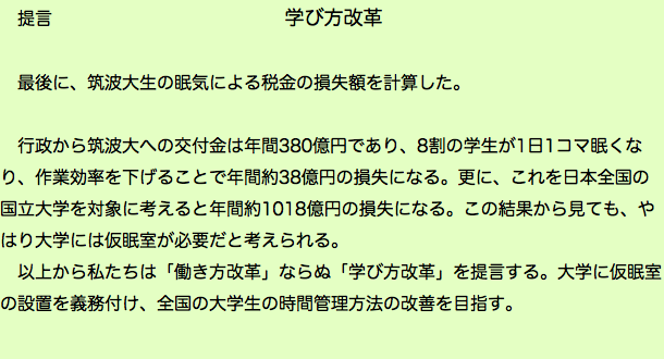 　提言 学び方改革 最後に、筑波大生の眠気による税金の損失額を計算した。 行政から筑波大への交付金は年間380億円であり、8割の学生が1日1コマ眠くなり、作業効率を下げることで年間約38億円の損失になる。更に、これを日本全国の国立大学を対象に考えると年間約1018億円の損失になる。この結果から見ても、やはり大学には仮眠室が必要だと考えられる。 以上から私たちは「働き方改革」ならぬ「学び方改革」を提言する。大学に仮眠室の設置を義務付け、全国の大学生の時間管理方法の改善を目指す。